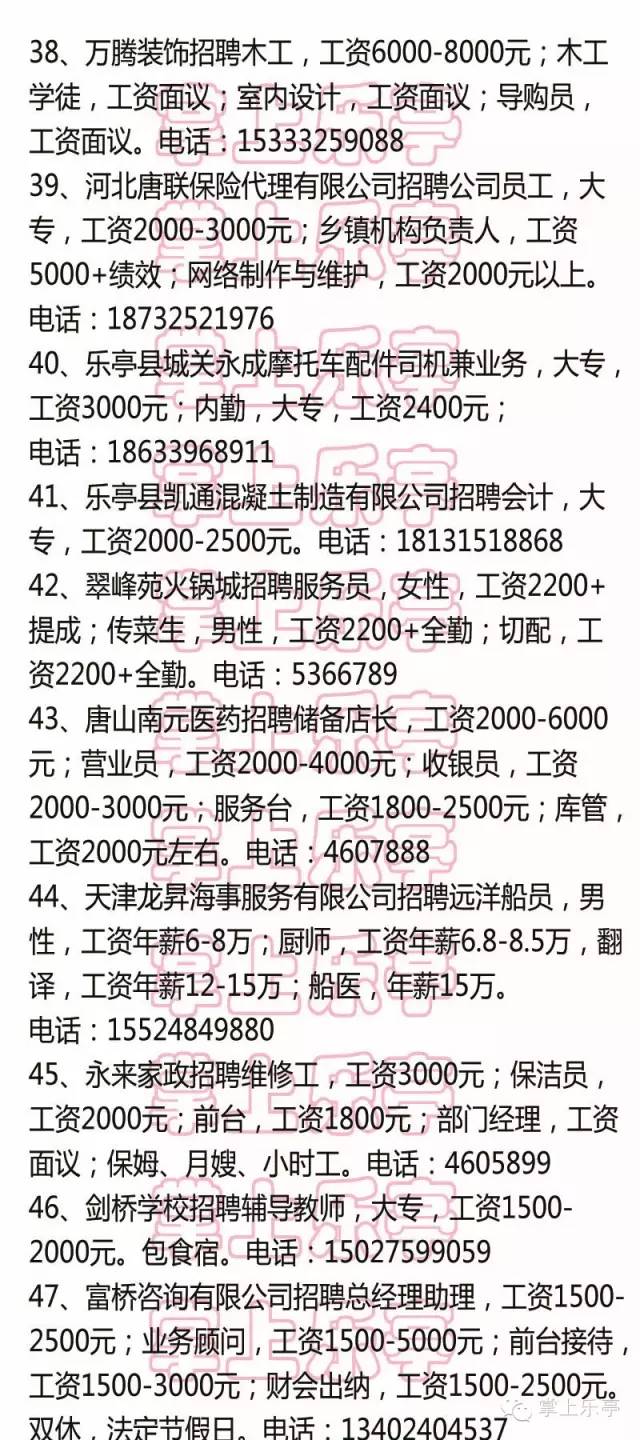 乐亭今日最新招聘信息汇总